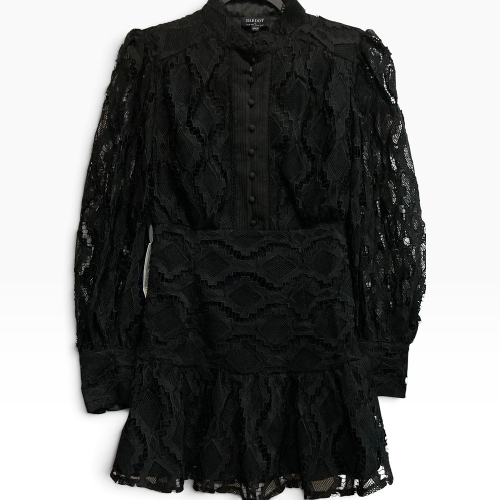 Bardot Remy Lace Mini Dress Black Long Puff Sleeve High Neck US M NWT - Picture 3 of 6